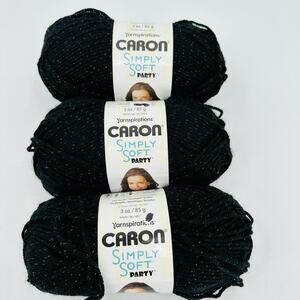 3 Caron Simply Soft Party Yarn Black Sparkle Metallic #4 Medium Acrylic